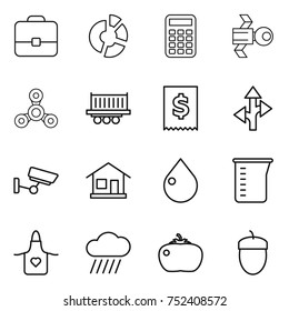 thin line icon set : portfolio, circle diagram, calculator, satellite, spinner, truck shipping, tax, route, surveillance, home, drop, measuring cup, apron, rain cloud, tomato, acorn