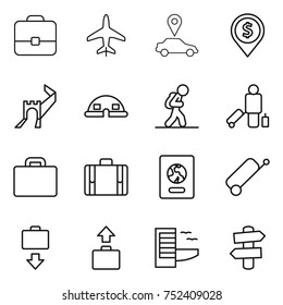 thin line icon set : portfolio, plane, car pointer, dollar pin, greate wall, dome house, tourist, passenger, suitcase, passport, baggage get, hotel, signpost