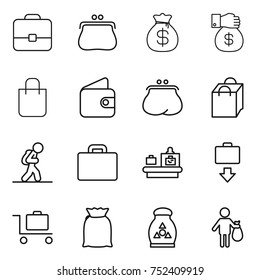 thin line icon set : portfolio, purse, money bag, gift, shopping, wallet, tourist, suitcase, baggage checking, get, trolley, flour, fertilizer, trash