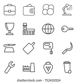 thin line icon set : portfolio, wallet, atom core, table lamp, wineglass, mansion, globe, key, cutting board, mixer, sickle, wrench, factory, strawberry, trash bin