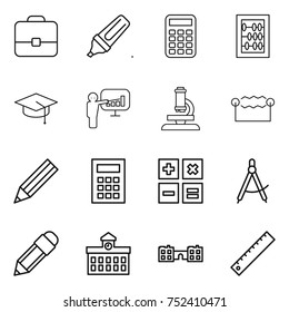 thin line icon set : portfolio, marker, calculator, abacus, graduate hat, presentation, microscope, electrostatic, pencil, draw compass, university, school, ruler