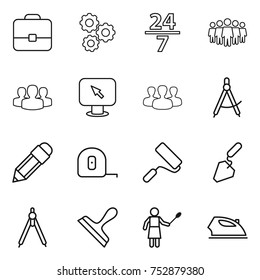 thin line icon set : portfolio, gear, 24 7, team, group, monitor arrow, draw compass, pencil, measuring tape, repair, construction, drawing compasses, scraper, woman with duster, iron