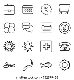 thin line icon set : portfolio, calendar, percent, delivery, atom core, discussion, nano tube, info, sun, first aid, phone, scissors, sickle, fish