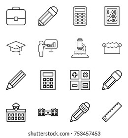 thin line icon set : portfolio, pencil, calculator, abacus, graduate hat, presentation, microscope, electrostatic, university, school, ruler