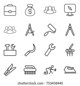 thin line icon set : portfolio, money bag, group, monitor arrow, draw compass, repair, drawing compasses, tools, sickle, wrench, vacuum cleaner, clothespin, brush, iron