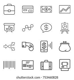thin line icon set : portfolio, card, money, statistics, presentation, graph, message, core splitting, hand coin, mobile pay, purse, bar code, invoice, suitcase, atm