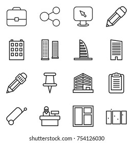 thin line icon set : portfolio, share, monitor arrow, pencil, building, skyscrapers, skyscraper, pin, office, clipboard, suitcase, reception, window, clean