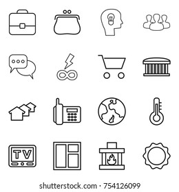 thin line icon set : portfolio, purse, bulb head, group, discussion, infinity power, cart, airport building, houses, phone, earth, thermometer, tv, window, fireplace, induction oven