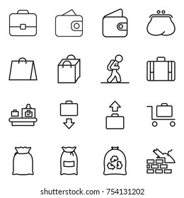 thin line icon set : portfolio, wallet, purse, shopping bag, tourist, suitcase, baggage checking, get, trolley, flour, garbage, construct