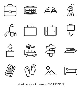 thin line icon set : portfolio, airport building, dome house, tourist, passenger, suitcase, baggage get, transfer, signpost, yacht, inflatable mattress, flip flops, landscape, bed