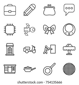 thin line icon set : portfolio, pencil, purse, message, chip, satellite, bow, necklace, building, scooter shipping, courier delivery, restaurant, wardrobe, pan, sieve