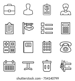 thin line icon set : portfolio, man, report, woman, clipboard, store signboard, list, calculator, copybook, building, phone, calendar, table, trash bin, skyscrapers cleaning