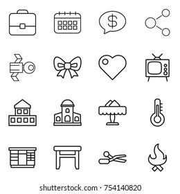 thin line icon set : portfolio, calendar, money message, molecule, satellite, bow, heart, tv, cottage, mansion, restaurant, thermometer, wardrobe, stool, scissors, fire