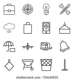 thin line icon set : portfolio, target, bulb, pencil wrench, cloud wireless, shopping bag, mobile location, loading crane, insurance, plane, trailer, bell, rag, bbq, trash bin, rake