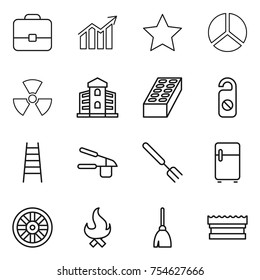thin line icon set : portfolio, diagram, star, nuclear, building, brick, do not distrub, stairs, garlic clasp, big fork, fridge, wheel, fire, broom, sponge
