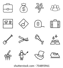 thin line icon set : portfolio, money bag, 24 7, group, tools, under construction, measuring tape, suitcase, shovel, pruner, blower, clean floor, vacuum cleaner, woman with duster, washing, iron