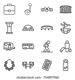 thin line icon set : portfolio, segway, drawbridge, airport building, tower, dome house, bridge, plane shipping, trailer, bus, tourist, passenger, hawaiian wreath, palm hammock, inflatable mattress