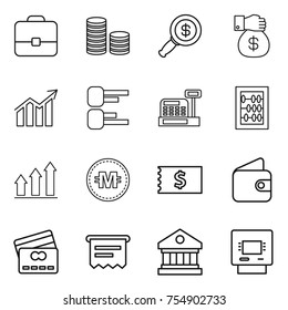 thin line icon set : portfolio, coin stack, dollar magnifier, money gift, diagram, cashbox, abacus, graph up, crypto currency, receipt, wallet, credit card, atm, library