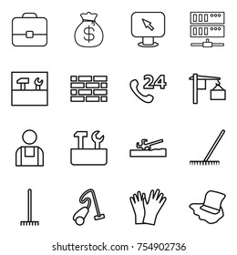 thin line icon set : portfolio, money bag, monitor arrow, server, tools, brick wall, phone 24, loading, workman, repair, soil cutter, rake, vacuum cleaner, gloves, floor washing