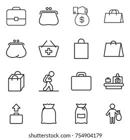 thin line icon set : portfolio, purse, money gift, shopping bag, add to basket, tourist, suitcase, baggage checking, flour, trash
