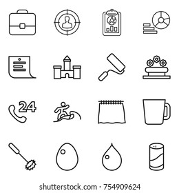 thin line icon set : portfolio, target audience, report, diagram, shopping list, castle, repair, flower bed, phone 24, surfer, curtain, cup, whisk, egg, drop, cleanser powder