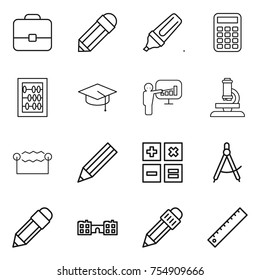 thin line icon set : portfolio, pencil, marker, calculator, abacus, graduate hat, presentation, microscope, electrostatic, draw compass, school, ruler