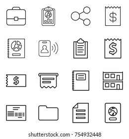 thin line icon set : portfolio, report, share, receipt, annual, pass card, clipboard, atm, copybook, modular house, invoice, documents, document, passport