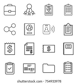 thin line icon set : portfolio, share, report, clipboard, annual, pass card, receipt, account balance, copybook, check, invoice, documents, list