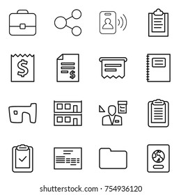 thin line icon set : portfolio, share, pass card, clipboard, receipt, account balance, atm, copybook, slum, modular house, architector, check, invoice, documents, passport