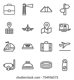 thin line icon set : portfolio, lighthouse, pyramid, signpost, map, plane, trailer, sail boat, taxi, suitcase, departure, diving mask, service bell, inflatable pool, do not distrub