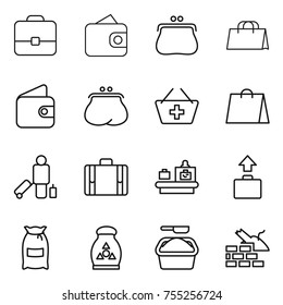 thin line icon set : portfolio, wallet, purse, shopping bag, add to basket, passenger, suitcase, baggage checking, flour, fertilizer, washing powder, construct garbage