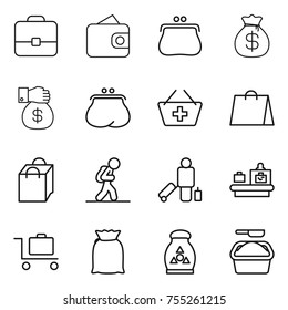 thin line icon set : portfolio, wallet, purse, money bag, gift, add to basket, shopping, tourist, passenger, baggage checking, trolley, flour, fertilizer, washing powder