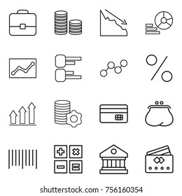 Thin line icon set : portfolio, coin stack, crisis, diagram, statistics, graph, percent, up, virtual mining, credit card, purse, bar code, calculator, library