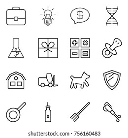 Thin line icon set : portfolio, bulb, money message, dna, flask, gift, calculator, nipple, house, fork loader, dog, shield, pan, vegetable oil, blower