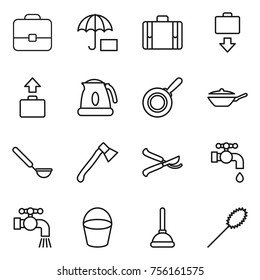 Thin line icon set : portfolio, insurance, suitcase, baggage get, kettle, pan, ladle, axe, pruner, water tap, bucket, plunger, duster