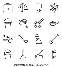 Thin line icon set : portfolio, insurance, baggage get, handwheel, bucket, mixer, pan, garlic clasp, ladle, knife holder, shovel, plunger, toilet brush, please clean