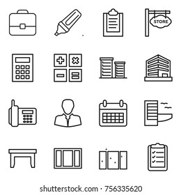 Thin line icon set : portfolio, marker, clipboard, store signboard, calculator, district, office, phone, client, calendar, hotel, table, window, clean, list
