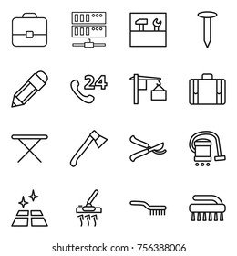 Thin line icon set : portfolio, server, tools, nail, pencil, phone 24, loading, suitcase, iron board, axe, pruner, vacuum cleaner, clean floor, brush