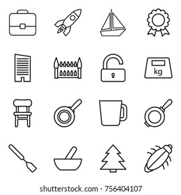 Thin line icon set : portfolio, rocket, boat, medal, skyscraper, gothic architecture, unlock, heavy, chair, pan, cup, spatula, mortar, spruce, bug