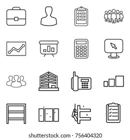 Thin line icon set : portfolio, man, clipboard, team, statistics, presentation, calculator, monitor arrow, group, office, phone, sorting, rack, clean window, skyscrapers cleaning, list