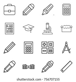 thin line icon set : portfolio, pencil, marker, calculator, abacus, graduate hat, microscope, electrostatic, draw compass, school, ruler