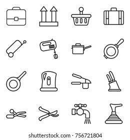 Thin line icon set : portfolio, cargo top sign, basket, suitcase, mixer, saute pan, kettle, garlic clasp, knife holder, scissors, pruner, water tap, plunger