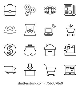 thin line icon set : portfolio, gear, team, newspaper, group, nuclear power, notebook wireless, add to cart, dollar coin, purse, home, cashbox, shipping, package, tv