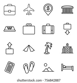 Thin line icon set : portfolio, plane, dollar pin, airport building, taxi, suitcase, baggage get, tent, palm, hotel, inflatable mattress, flip flops, landscape, bed