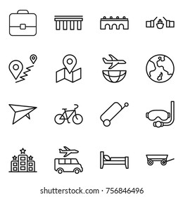 Thin line icon set : portfolio, bridge, drawbridge, route, map, plane shipping, earth, deltaplane, bike, suitcase, diving mask, hotel, transfer, bed, trailer