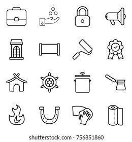 Thin line icon set : portfolio, chemical industry, lock, megafon, building, fence, repair, medal, bungalow, handwheel, pan, turk, fire, horseshoe, wiping, paper towel