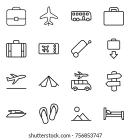 Thin line icon set : portfolio, plane, bus, suitcase, ticket, baggage get, departure, tent, transfer, signpost, yacht, flip flops, landscape, bed