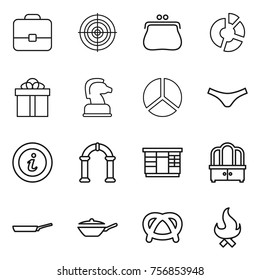 Thin line icon set : portfolio, target, purse, circle diagram, gift, chess horse, underpants, info, arch, wardrobe, dresser, pan, pretzel, fire
