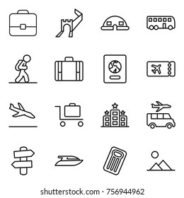 Thin line icon set : portfolio, greate wall, dome house, bus, tourist, suitcase, passport, ticket, arrival, baggage trolley, hotel, transfer, signpost, yacht, inflatable mattress, landscape