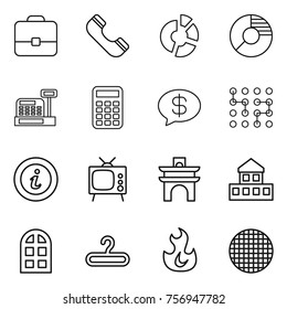Thin line icon set : portfolio, phone, circle diagram, cashbox, calculator, money message, chip, info, tv, arch, cottage, window, hanger, fire, sieve